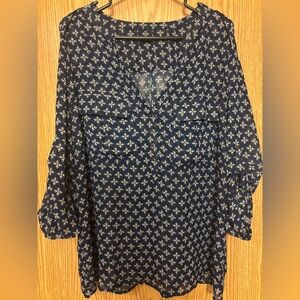 Gap XXL Navy Blue Sheer Blouse Button Front Tab Sleeve Printed Top